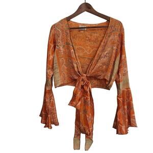 BAIZAAR 100% Silk Wrap Top with Bell Sleeves